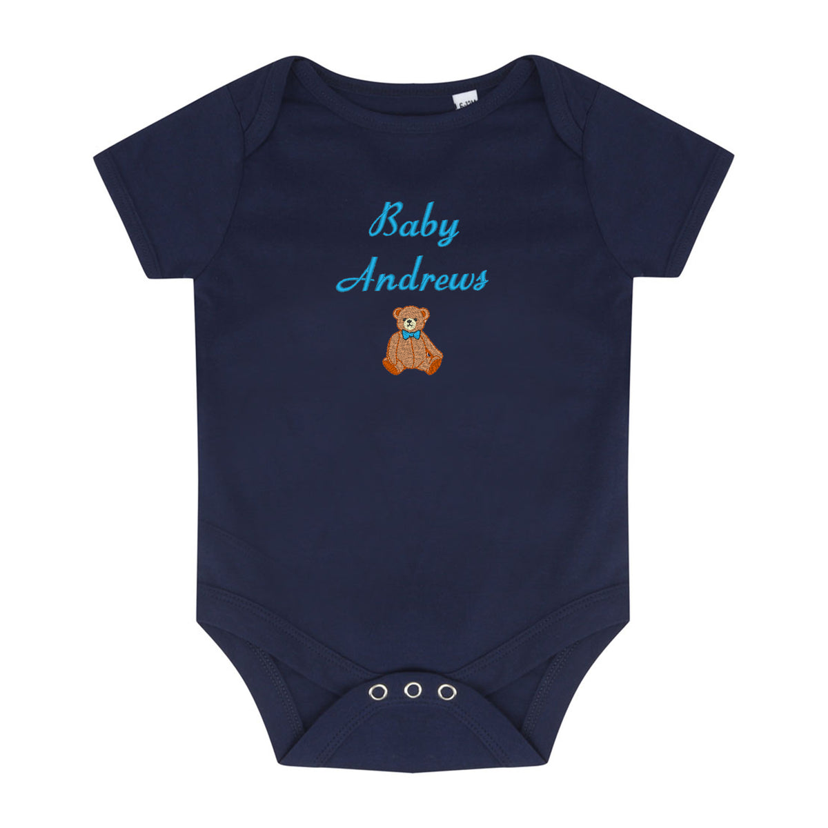 A navy blue baby short-sleeve bodysuit with 'Baby Andrews' embroidered in light blue script and a small brown teddy bear graphic on the chest, shown on a plain white background.