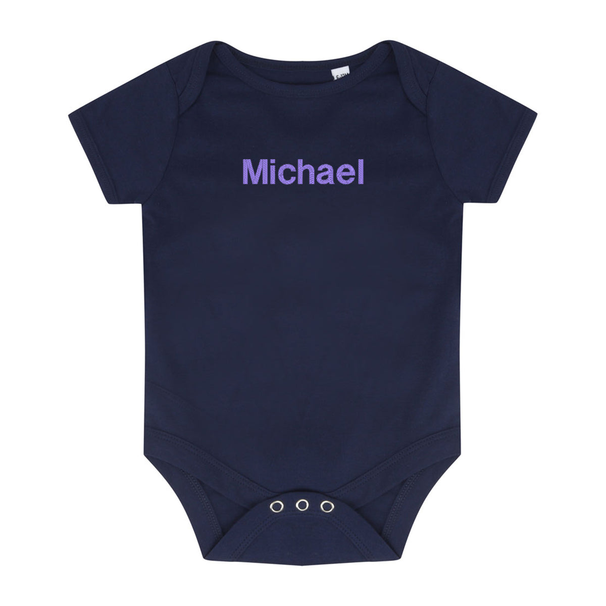 navy baby bodysuit with a lilac embroidered name 