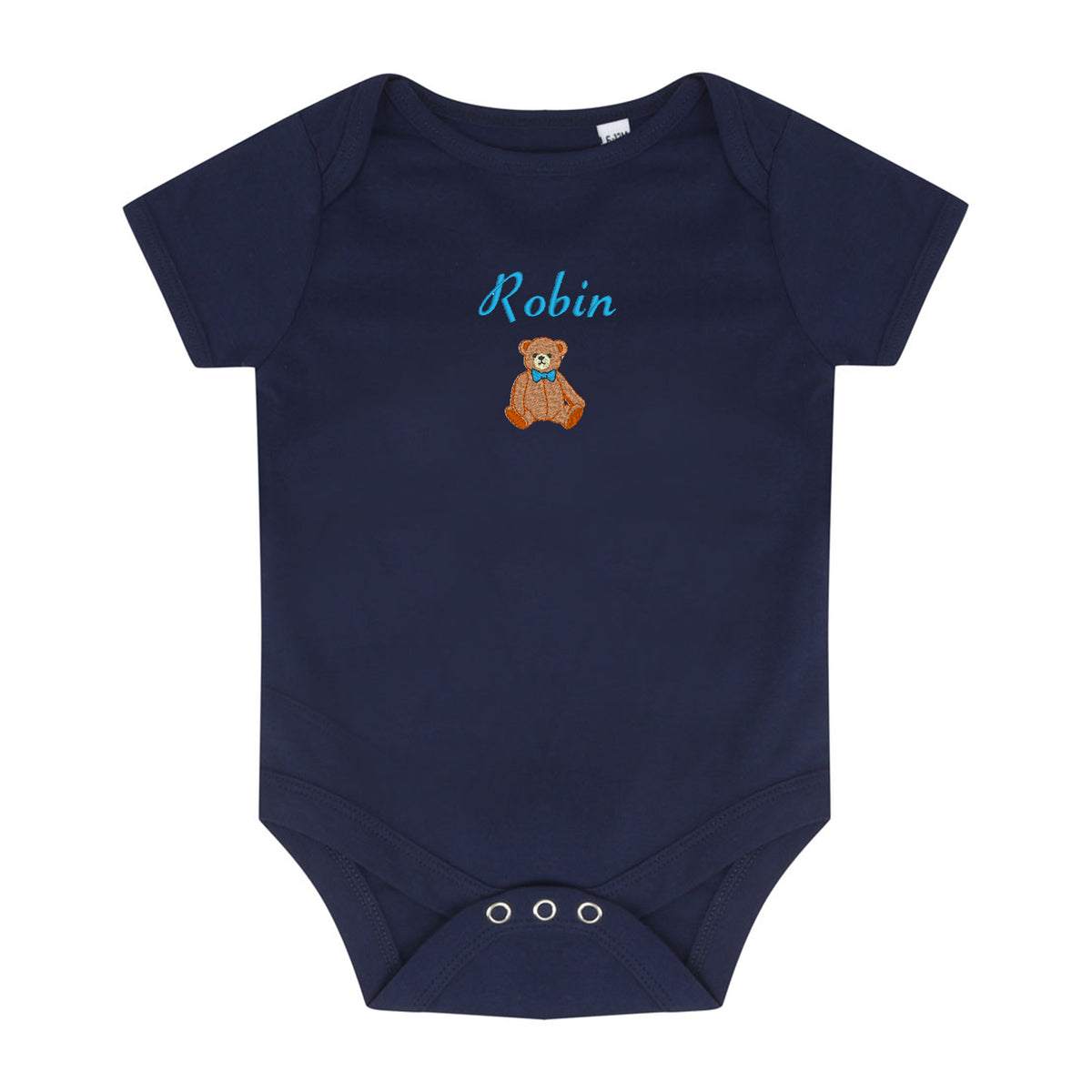 A navy blue short-sleeve baby bodysuit with three silver snap closures at the crotch. The chest features a personalized design with the name 'Robin' in light blue script above a small brown teddy bear wearing a blue bow tie.