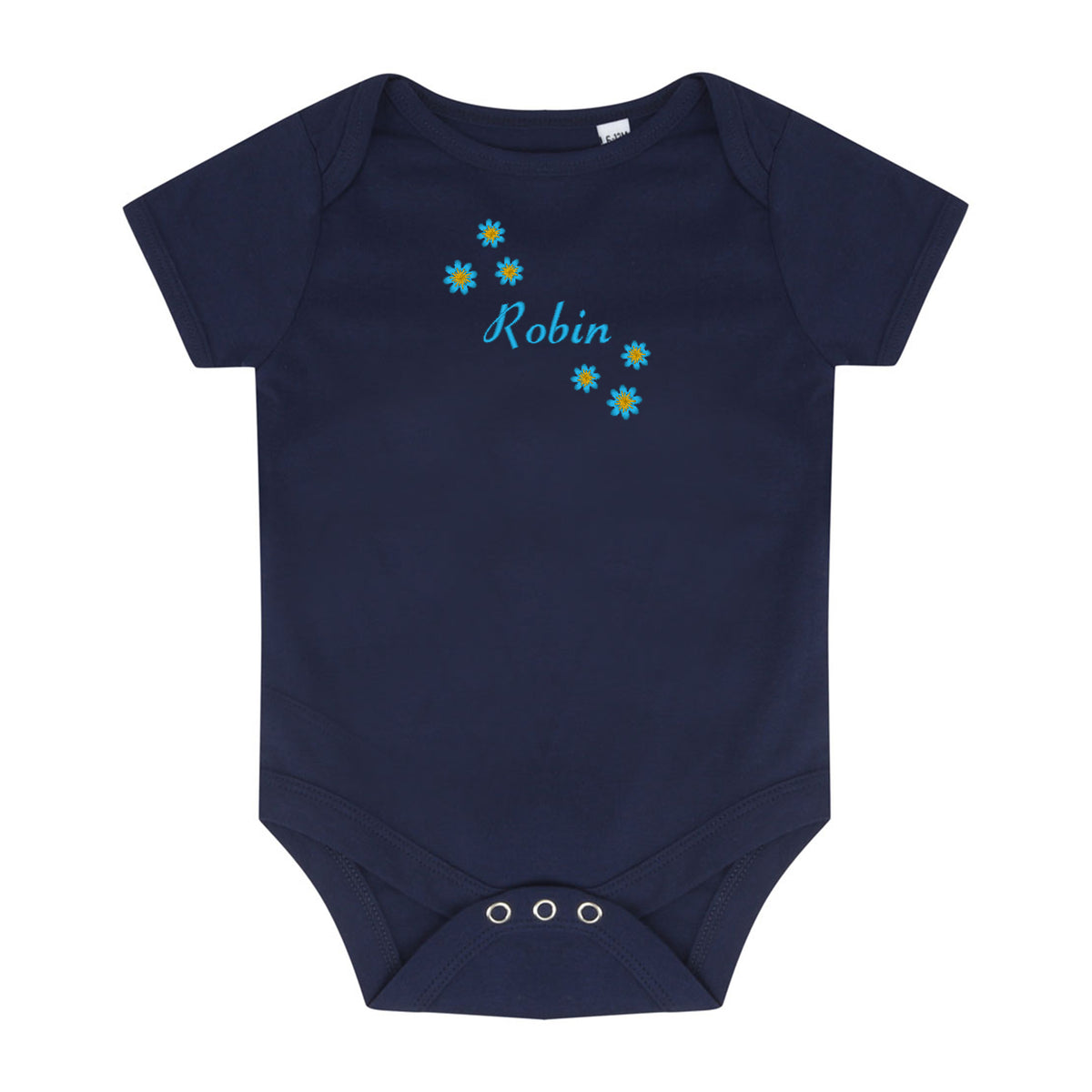 A navy blue short-sleeve baby bodysuit with three silver snap closures at the crotch. The chest features a personalized design with the name 'Robin' in light blue cursive script, surrounded by small yellow and blue daisy flowers.
