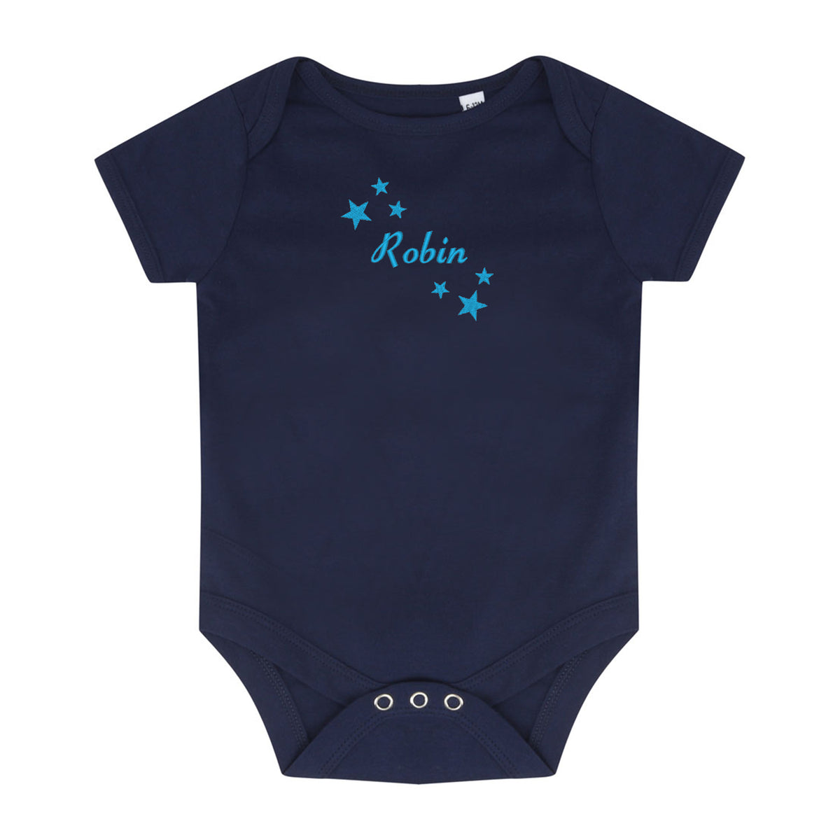A navy blue short-sleeve baby bodysuit with 'Robin' and blue stars embroidered on the chest, displayed flat against a white background.