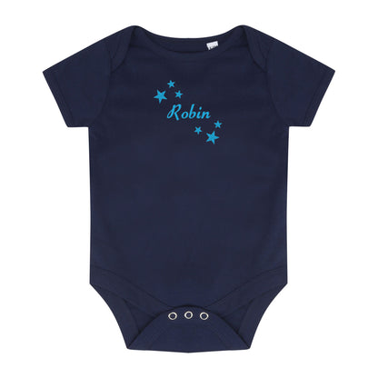 A navy blue short-sleeve baby bodysuit with 'Robin' and blue stars embroidered on the chest, displayed flat against a white background.