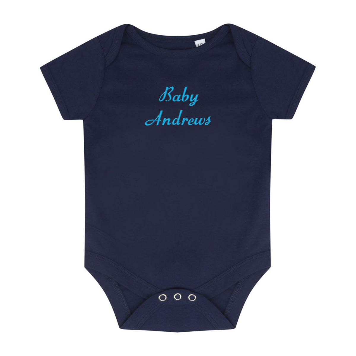 A navy blue short-sleeve baby bodysuit with 'Baby Andrews' embroidered in light blue cursive text across the chest, displayed on a solid white background.
