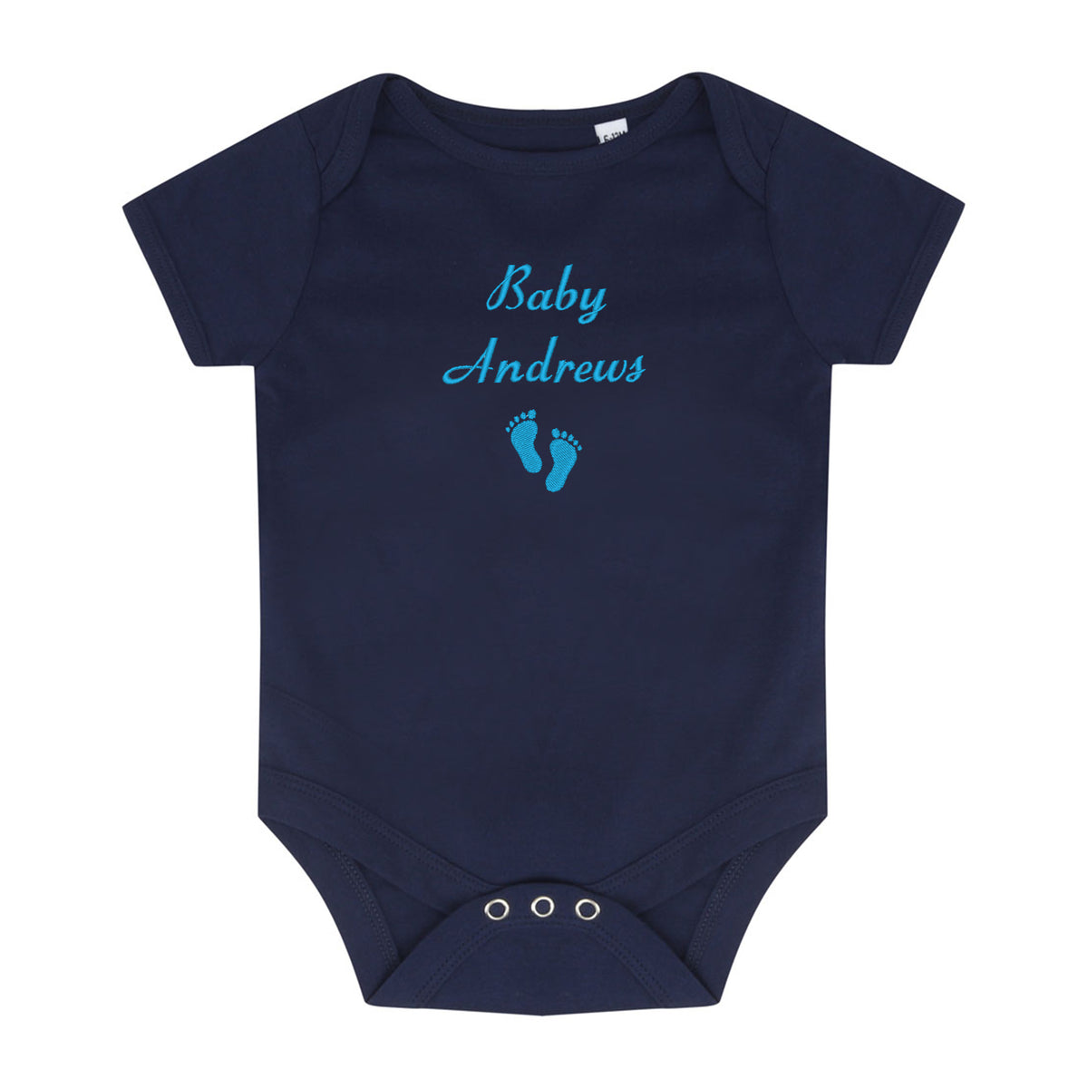 A navy blue short-sleeve baby bodysuit with 'Baby Andrews' and a pair of baby feet embroidered in light blue on the chest, displayed flat against a white background.
