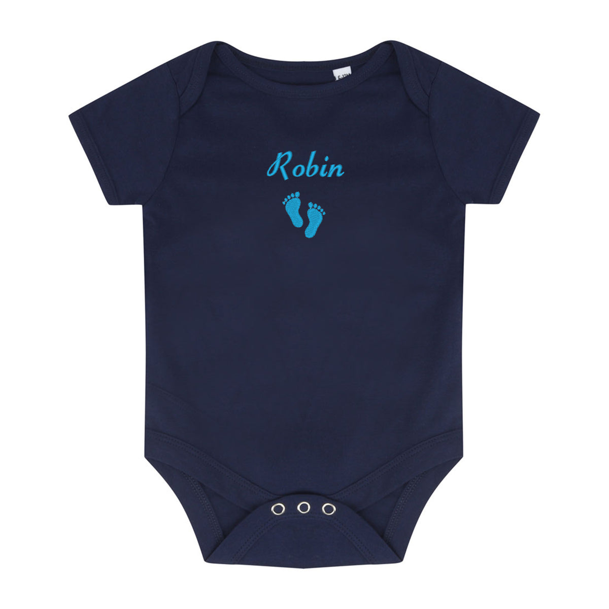 Robin and feet motif embroidered onto a navy bodysuit 