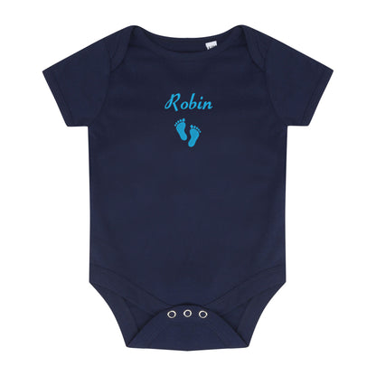 Robin and feet motif embroidered onto a navy bodysuit 