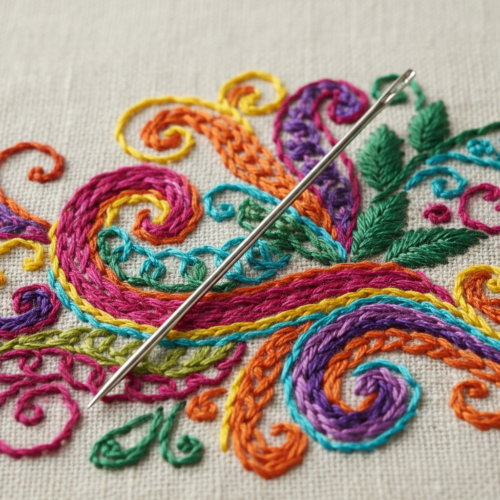 hand embroidered fabric with a sharp needle on top