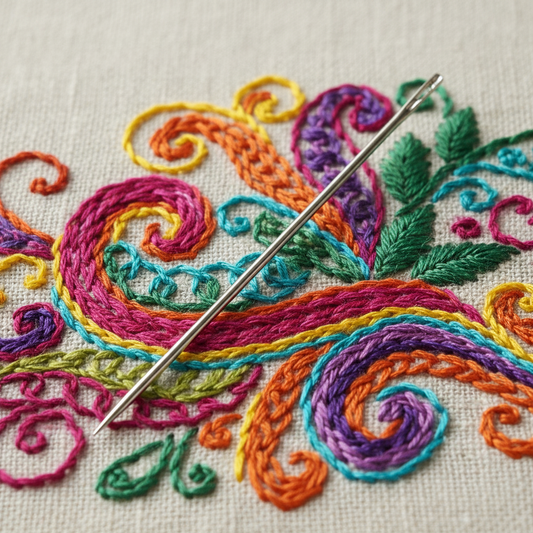 hand embroidered fabric with a sharp needle on top