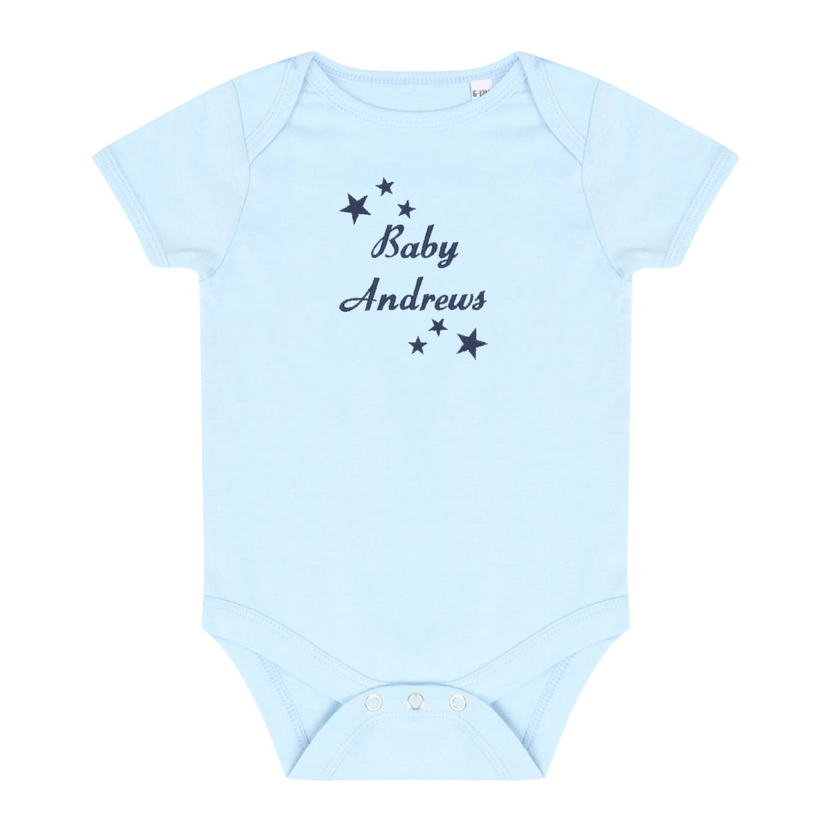 A light blue short-sleeve baby bodysuit with 'Baby Andrews' and star graphics embroidered in navy on the chest, displayed flat against a white background.