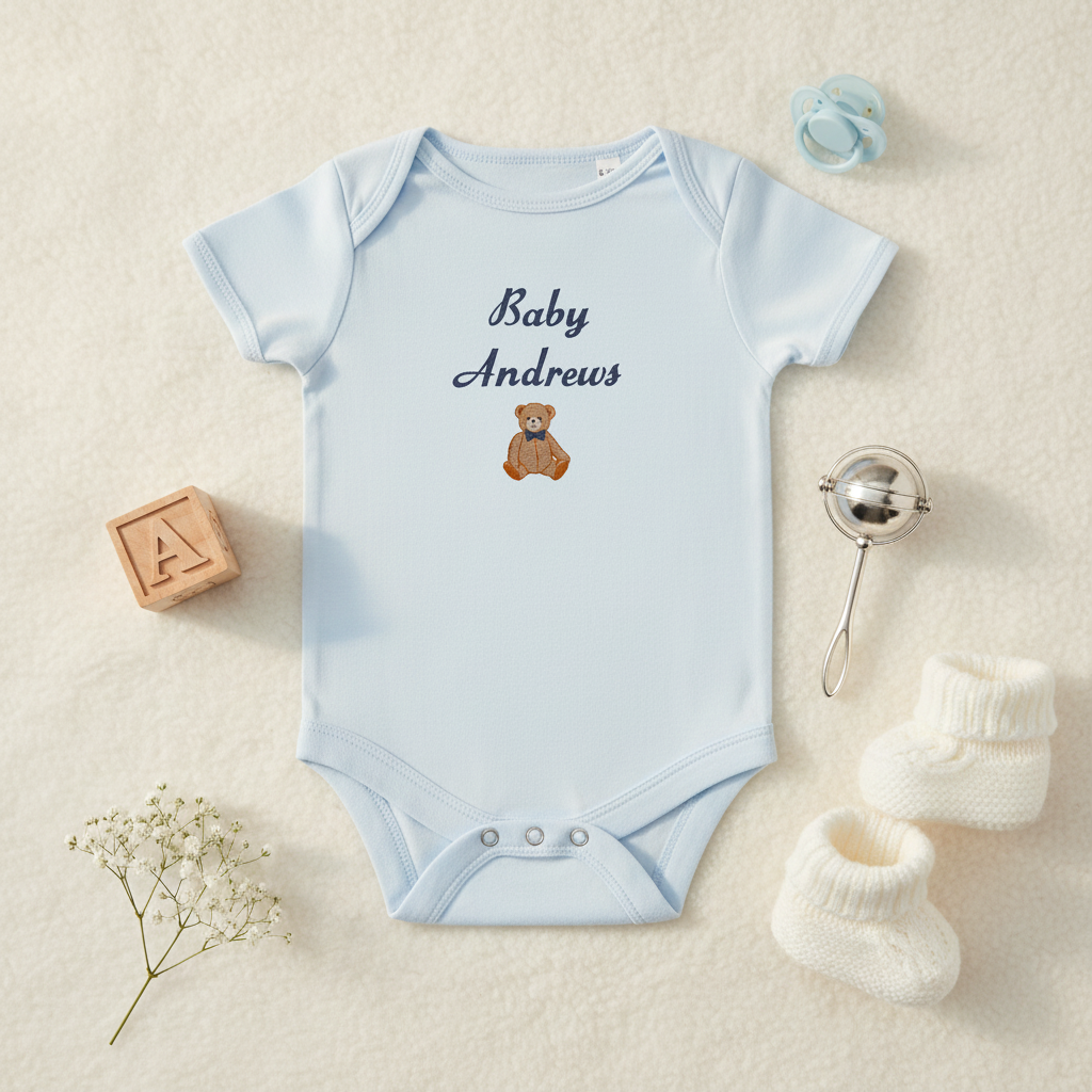 A light blue baby bodysuit with 'Baby Andrews' and a teddy bear graphic embroidered on the chest, styled in a flat lay with baby accessories on a cream textured background.
