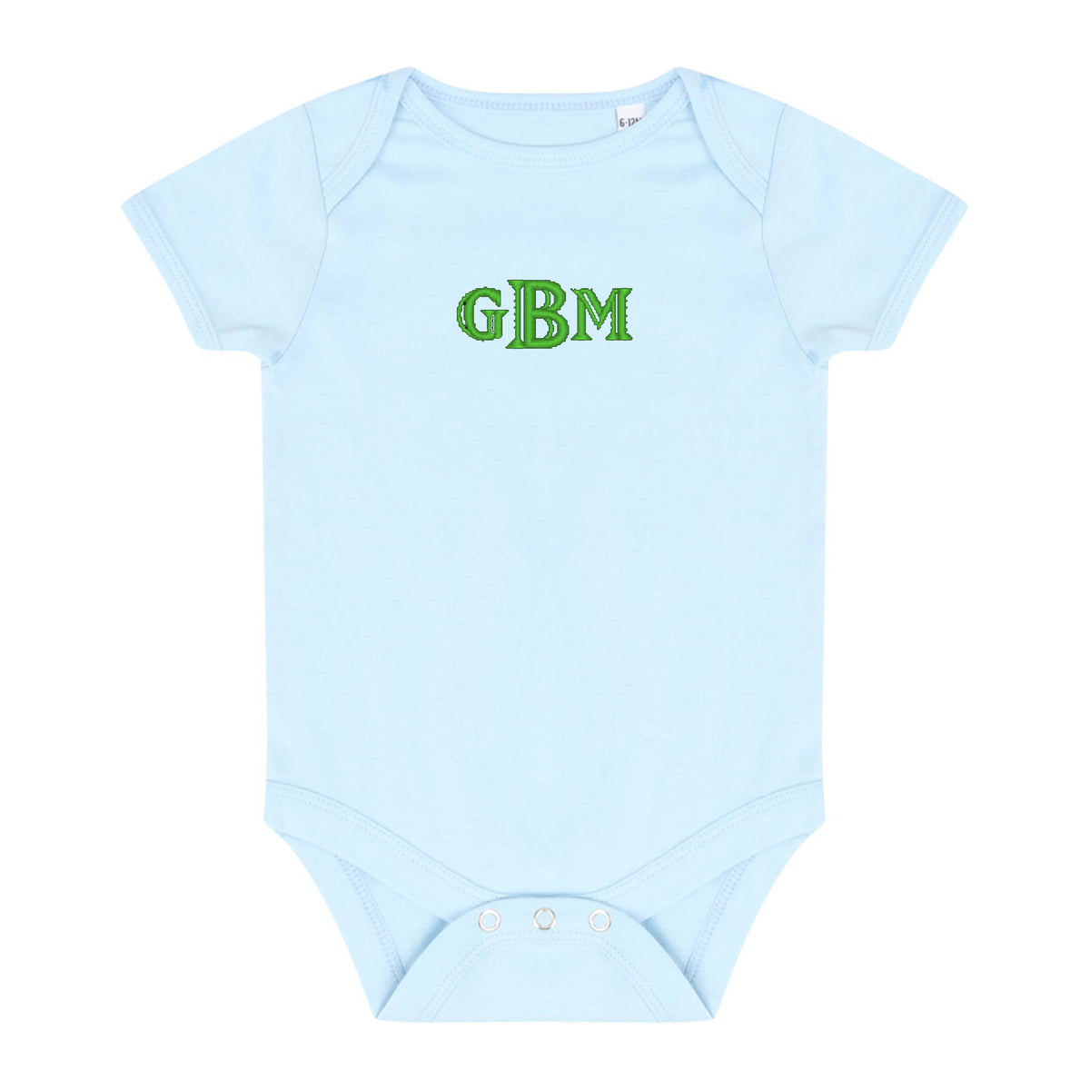 pale blue baby bodysuit with green embroidered monogram 