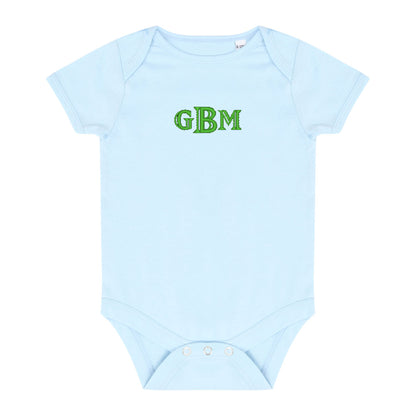 pale blue baby bodysuit with green embroidered monogram 