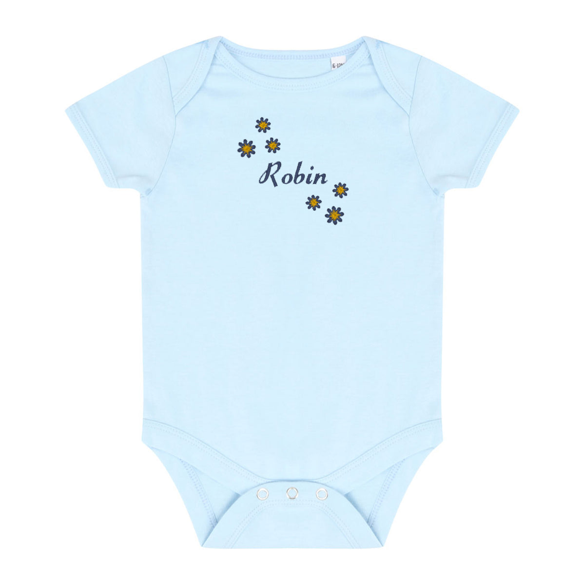 A light blue baby bodysuit with short sleeves and snap closures at the crotch, featuring the name 'Robin' in black script between small yellow and blue daisy graphics on the chest, displayed on a solid white background.
