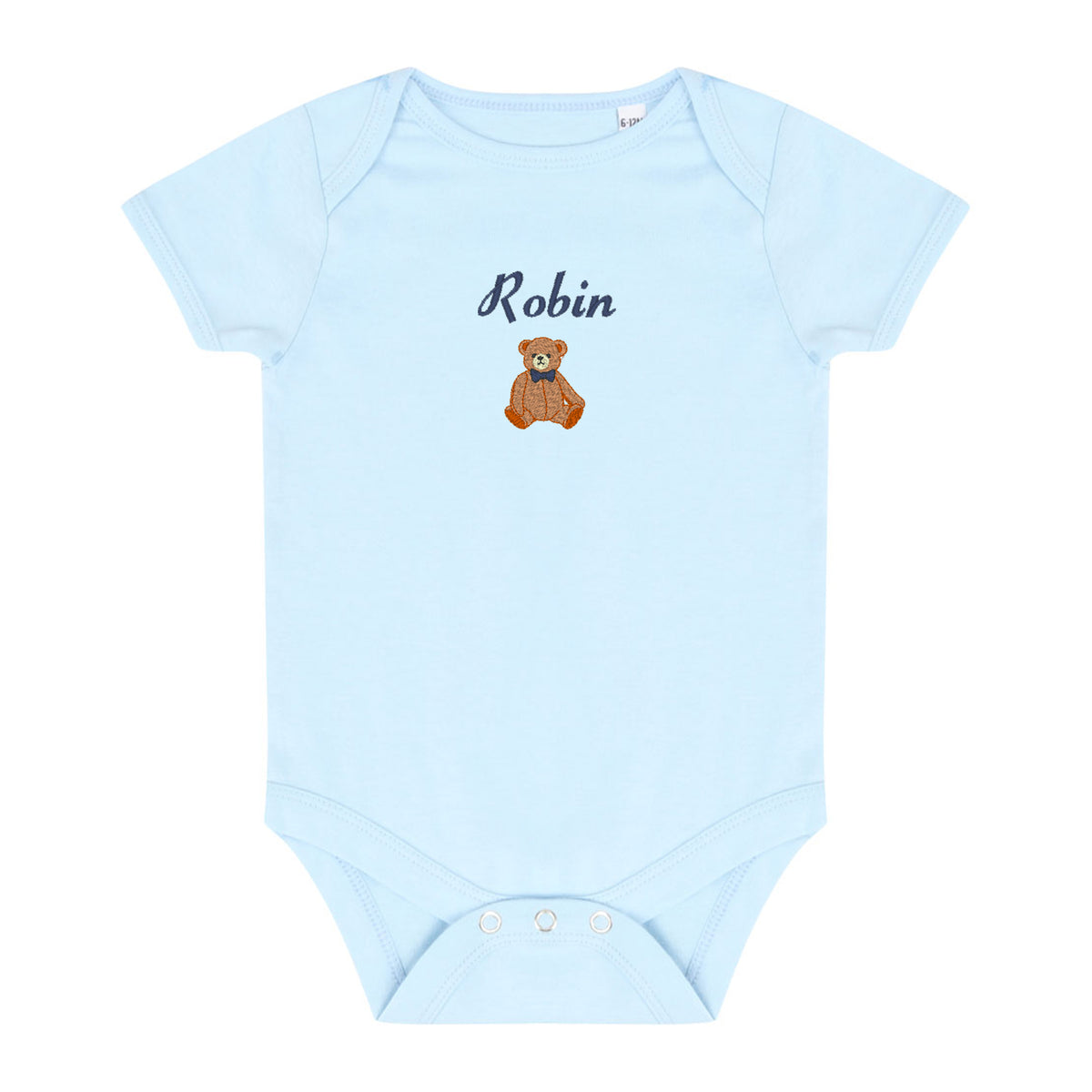 A light blue short-sleeve baby bodysuit with 'Robin' and a small brown teddy bear graphic embroidered on the chest, displayed flat against a white background.