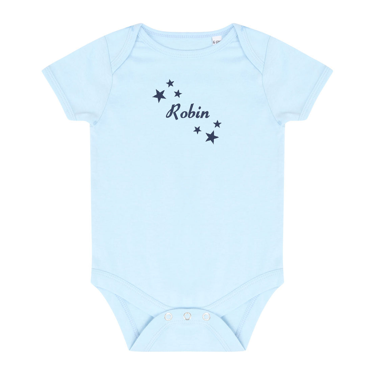 A light blue short-sleeve baby bodysuit with 'Robin' and small stars embroidered in navy on the chest, displayed flat against a white background.