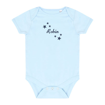 A light blue short-sleeve baby bodysuit with 'Robin' and small stars embroidered in navy on the chest, displayed flat against a white background.