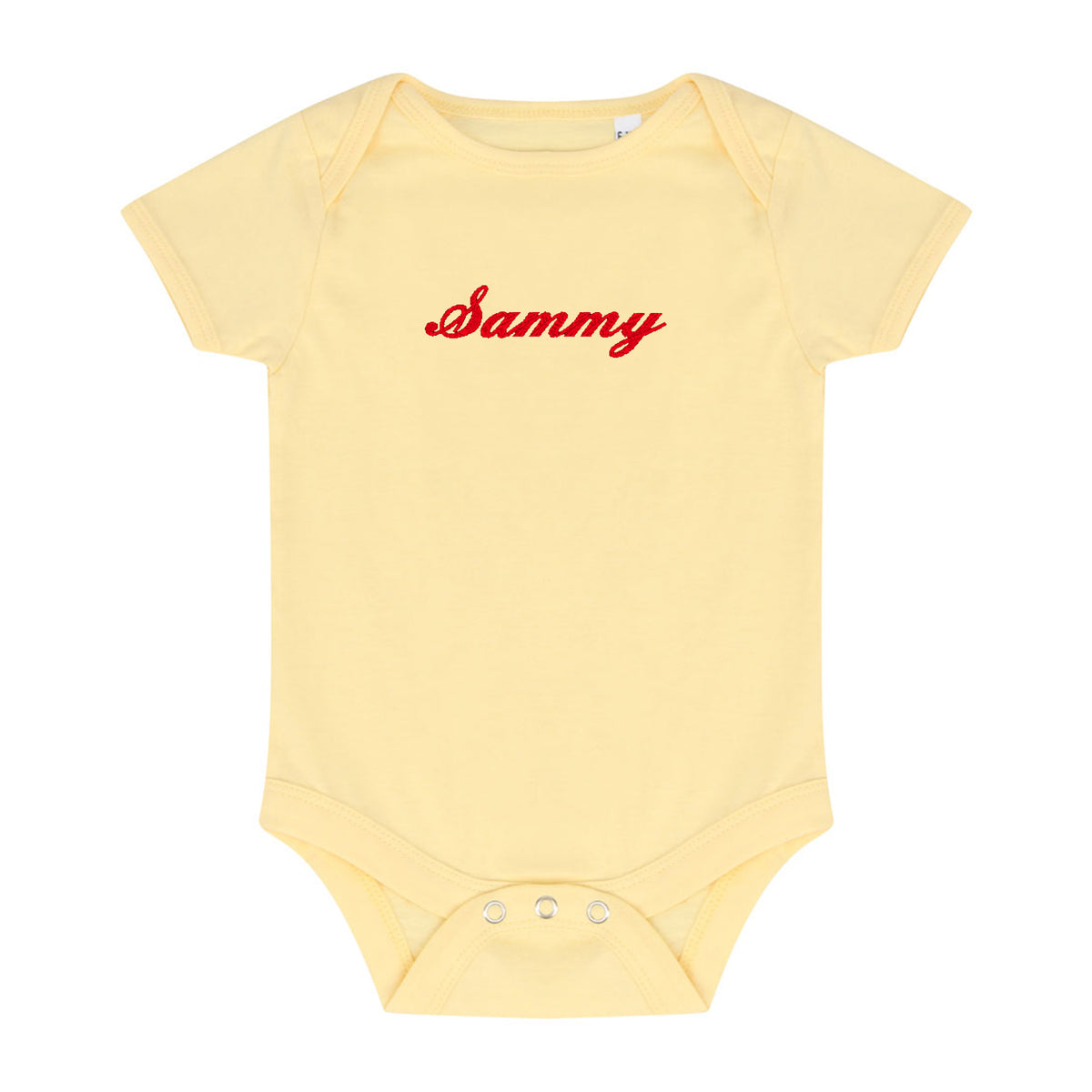 pale yellow bodysuit with red embroidered name 