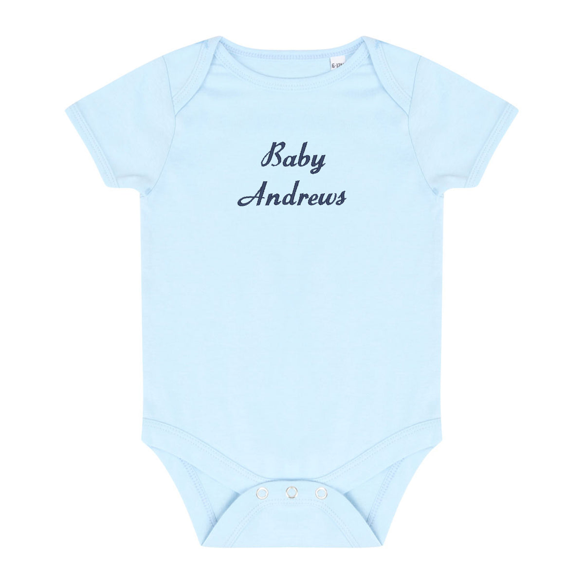 A light blue baby bodysuit with 'Baby Andrews' embroidered in dark navy script across the chest, displayed flat against a white background.