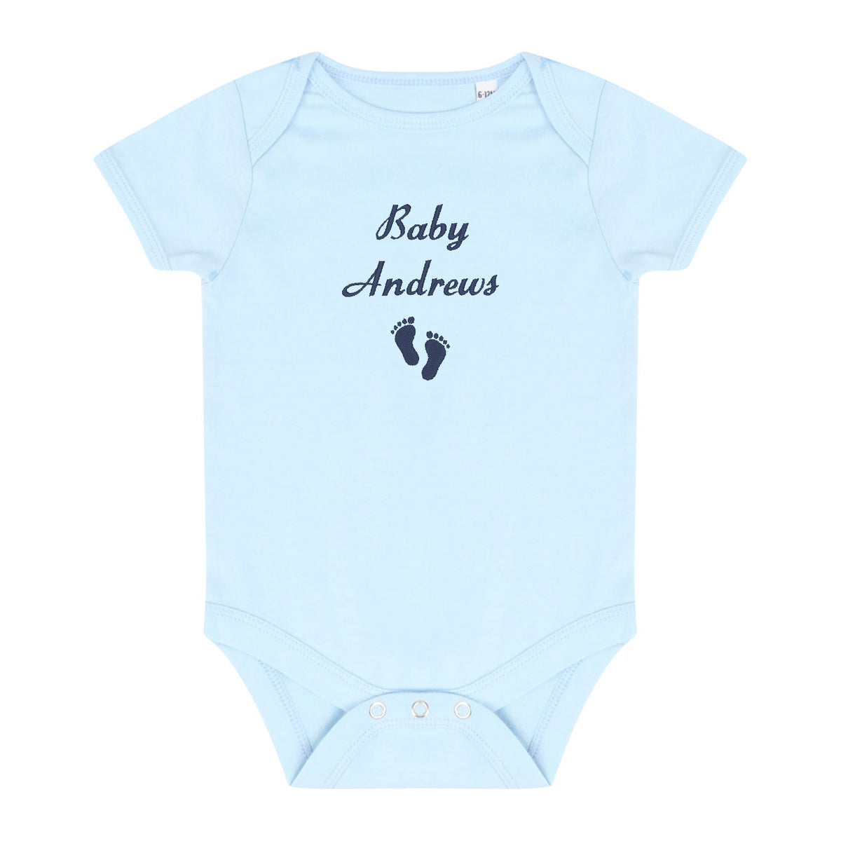 A light blue short-sleeve baby bodysuit with 'Baby Andrews' and a pair of dark blue baby feet embroidered on the chest, displayed flat against a white background.