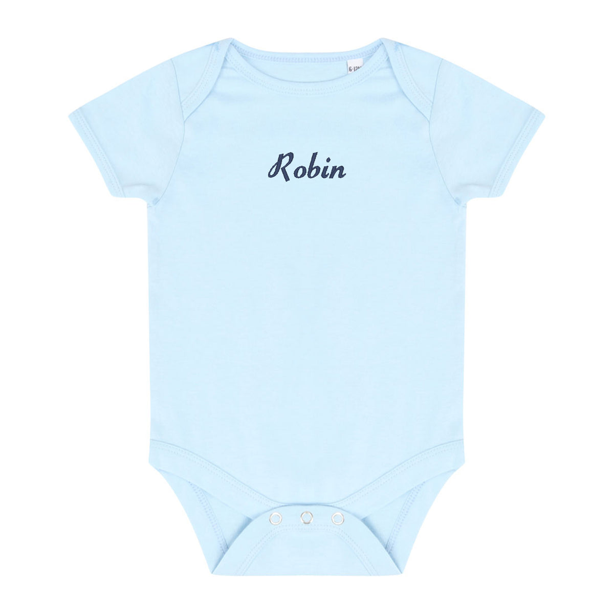A light blue baby bodysuit with the name 'Robin' embroidered in black cursive script across the chest, displayed flat against a white background.