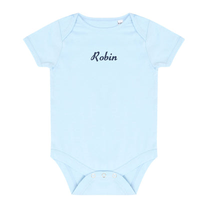 A light blue baby bodysuit with the name 'Robin' embroidered in black cursive script across the chest, displayed flat against a white background.
