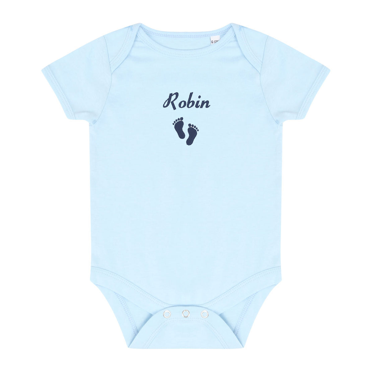 A light blue baby short-sleeve bodysuit with 'Robin' and a pair of dark blue baby feet embroidered on the chest, displayed flat against a white background.