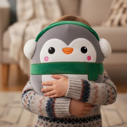 Child holding a plush penguin toy with a green scarf in a cozy indoor setting.
