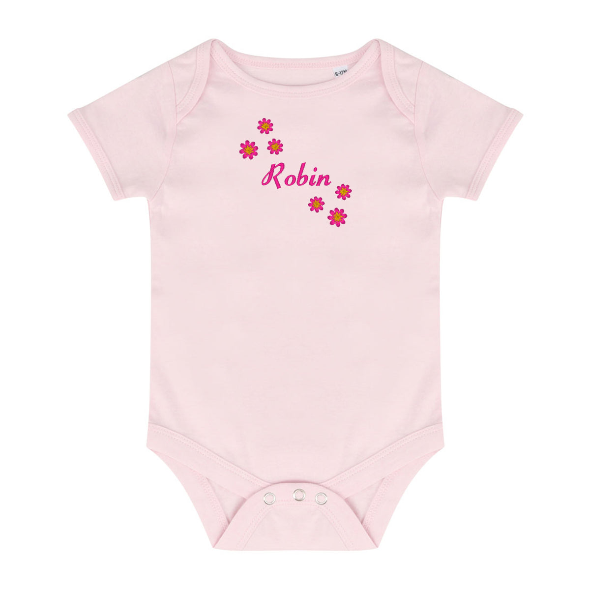 A light pink short-sleeve baby bodysuit with a personalized name 'Robin' in pink script and small pink flowers on the chest, displayed on a solid white background.