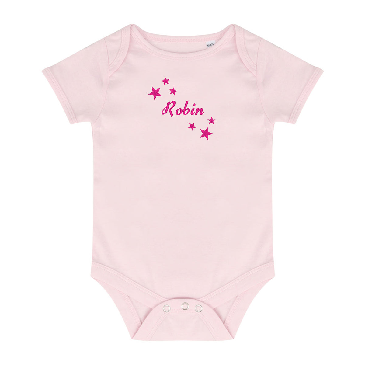 A light pink short-sleeve baby bodysuit with 'Robin' written in pink script font, surrounded by small pink stars on the chest, displayed on a solid white background.