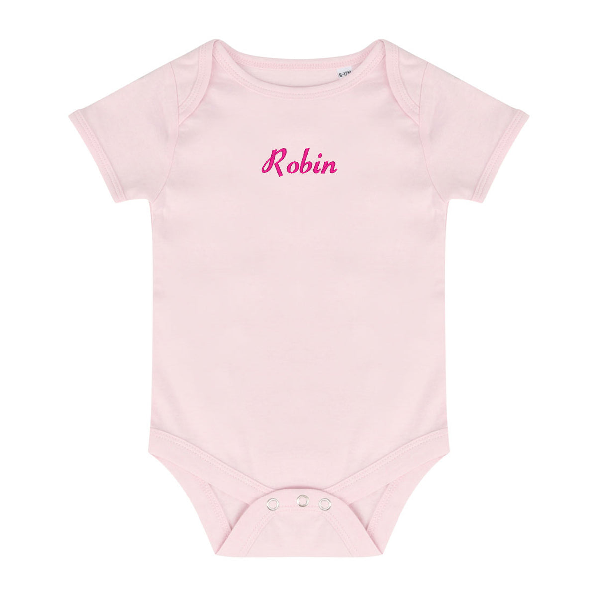 A light pink short-sleeve baby bodysuit with the name 'Robin' embroidered in pink cursive across the chest, displayed on a solid white background.