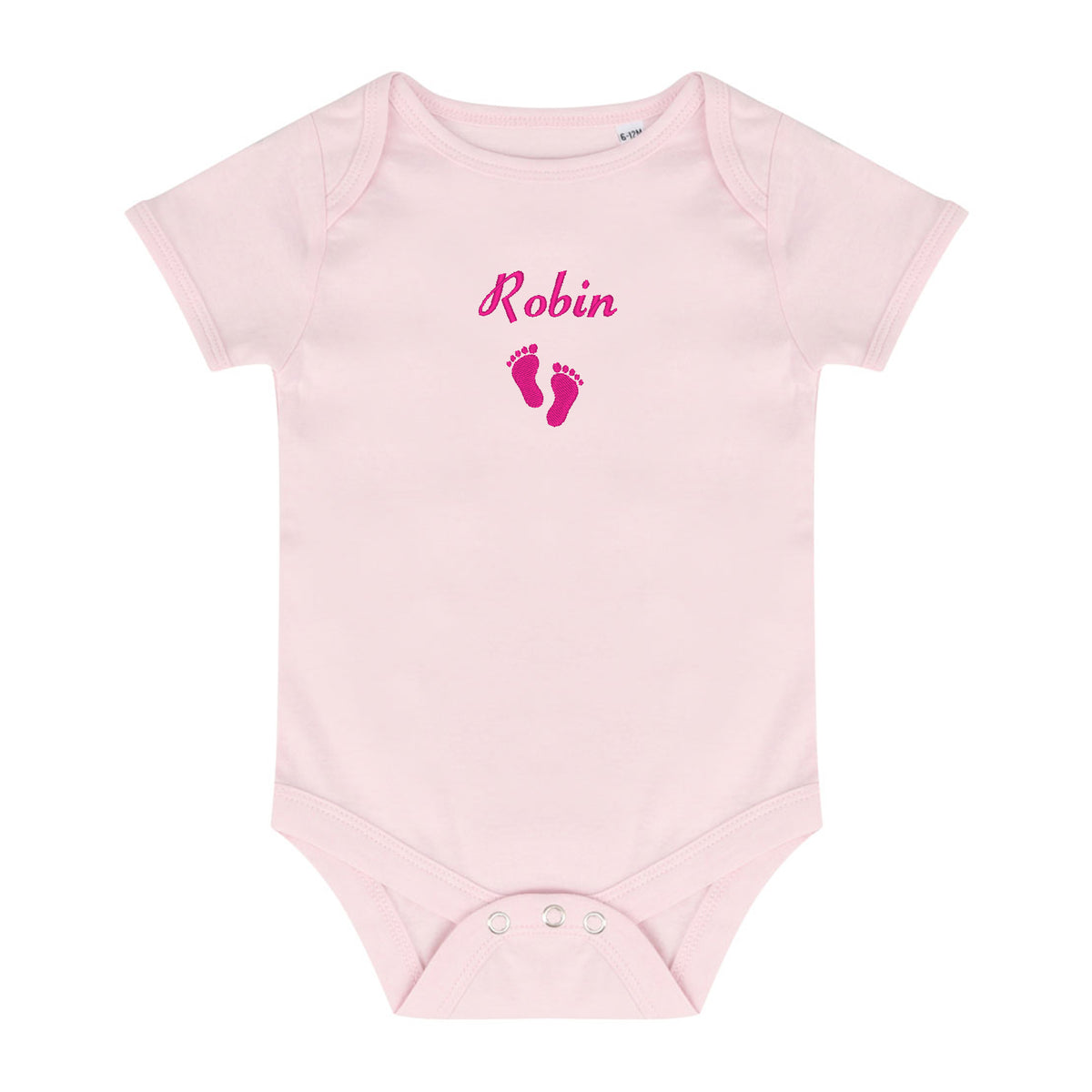 A light pink short-sleeve baby bodysuit with 'Robin' and baby feet embroidered in dark pink on the chest, displayed flat against a white background.