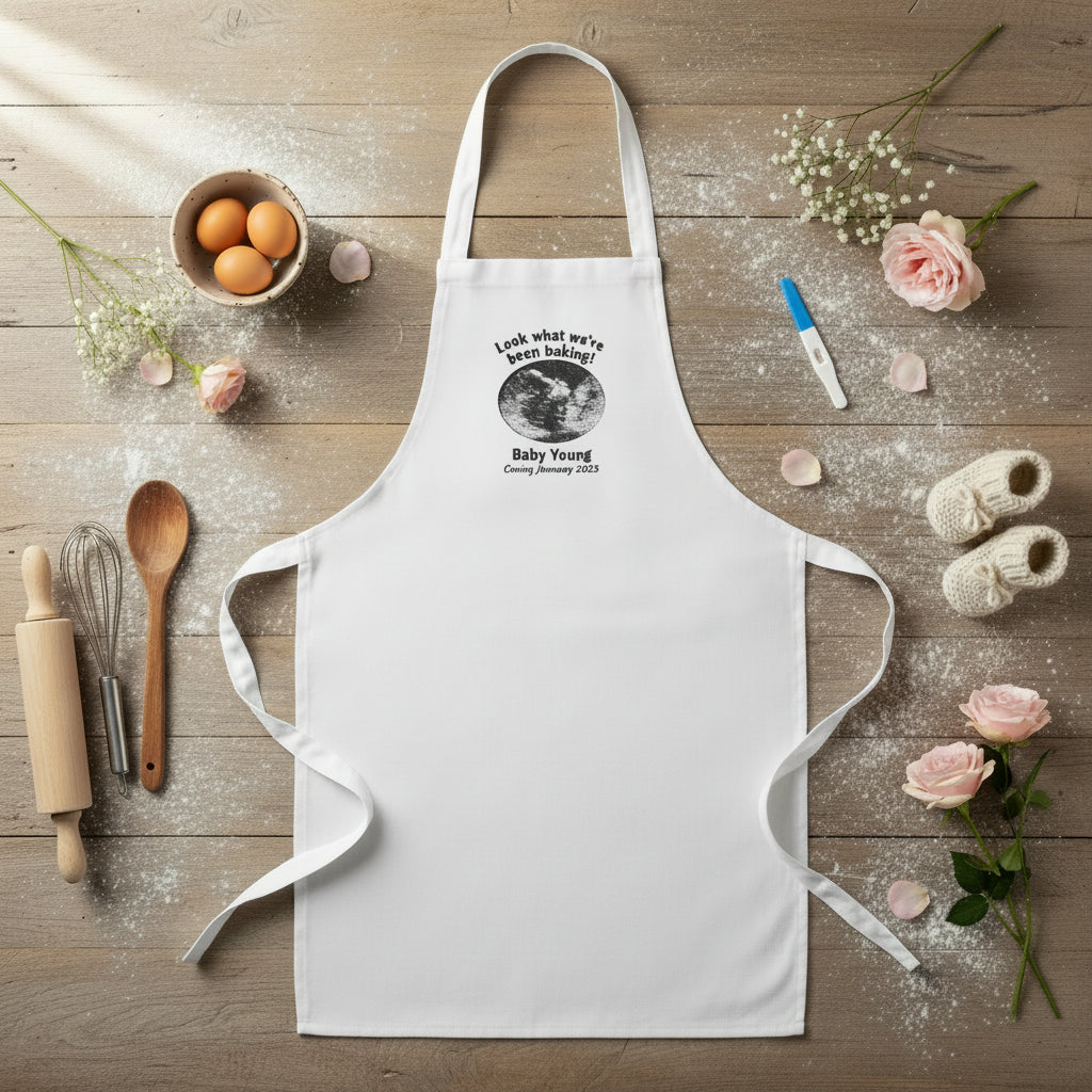 White apron with baby announcement design on a wooden table with baking utensils and flowers.