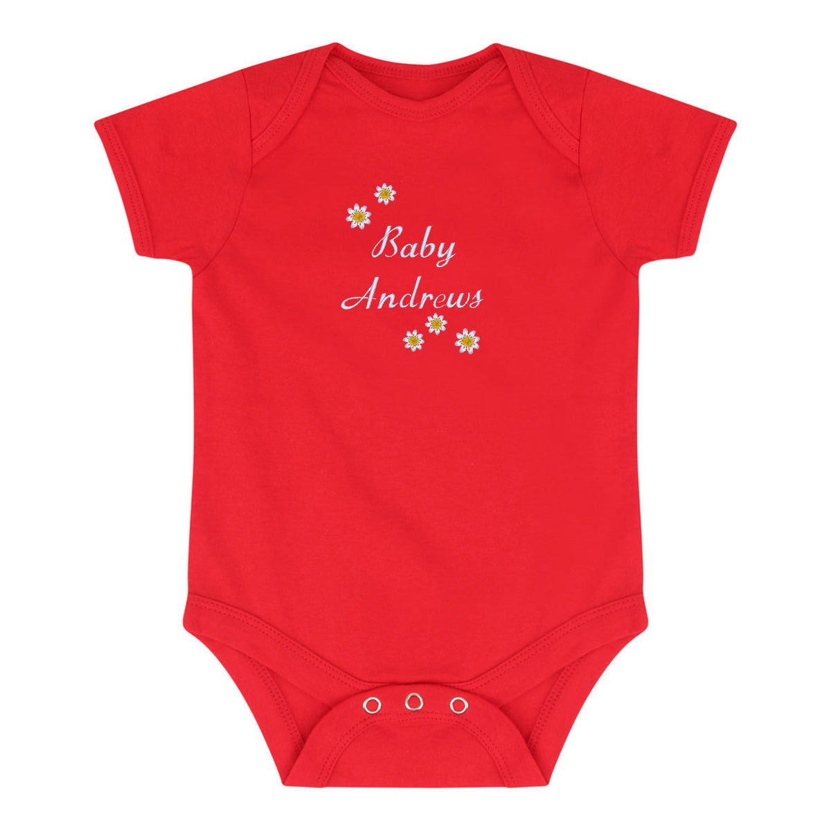 A red short-sleeve baby bodysuit with 'Baby Andrews' written in white script on the chest, decorated with small yellow and white flowers, and featuring three snap closures at the crotch.