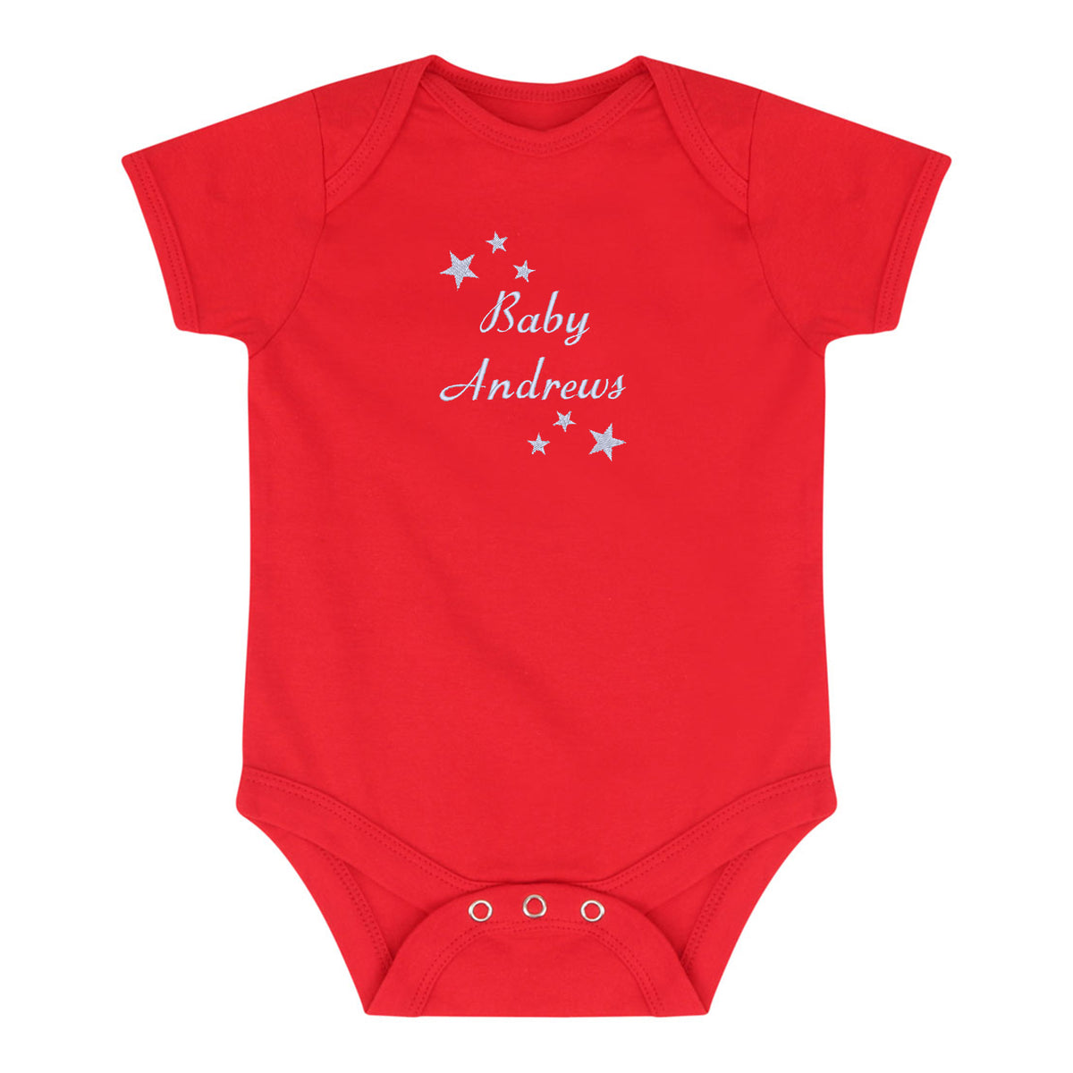 A red short-sleeve baby bodysuit with 'Baby Andrews' and small white stars embroidered on the chest, displayed flat against a white background.
