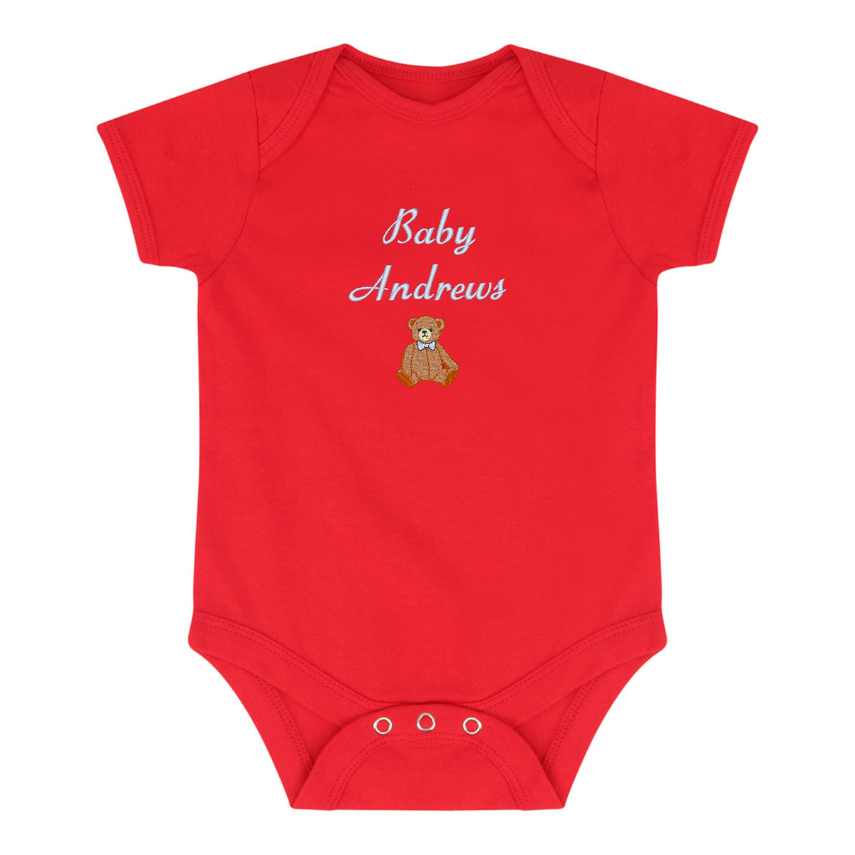 A red short-sleeve baby bodysuit with 'Baby Andrews' embroidered in white script and a small teddy bear graphic on the chest, shown on a plain white background.