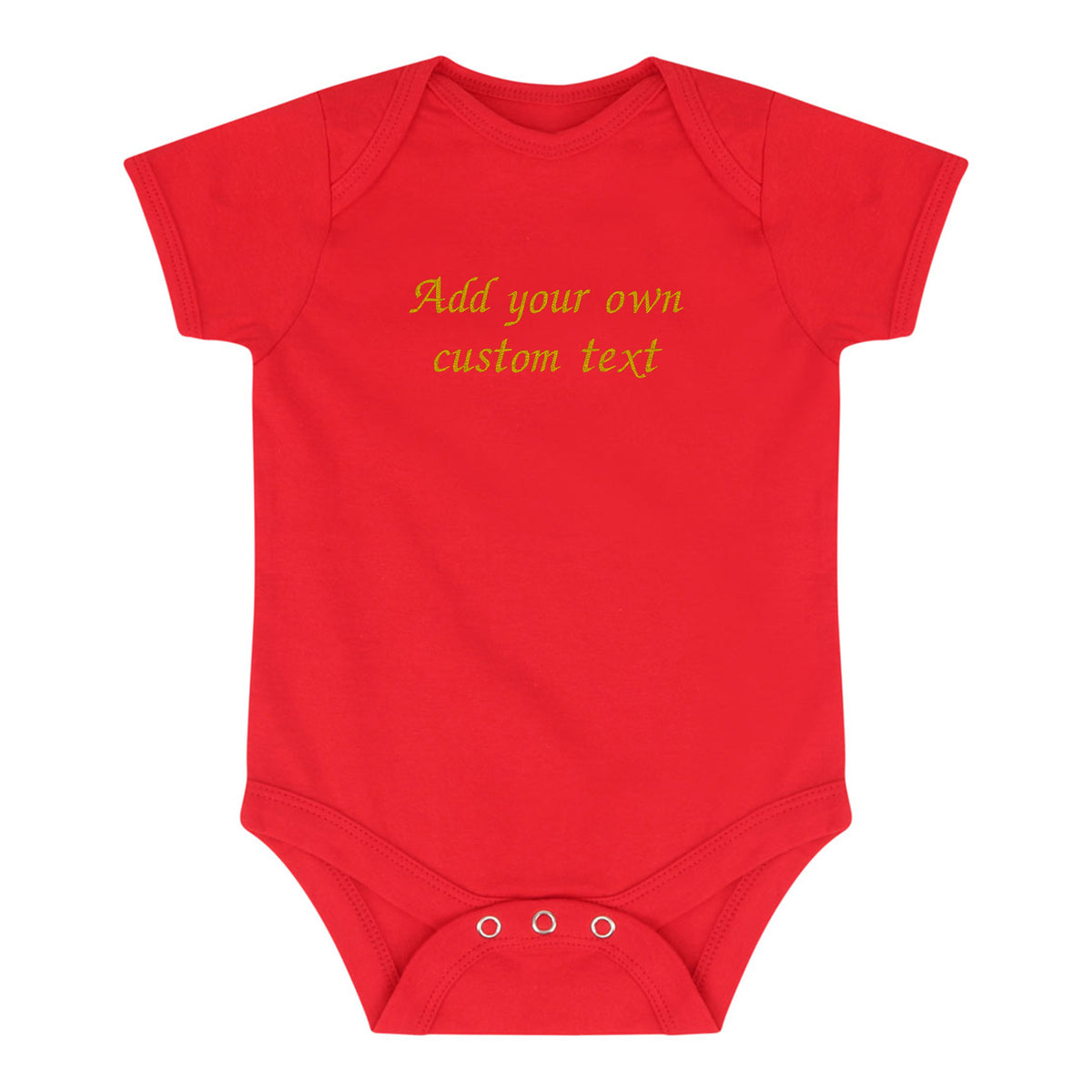 red baby bodysuit with gold embroidered custom text