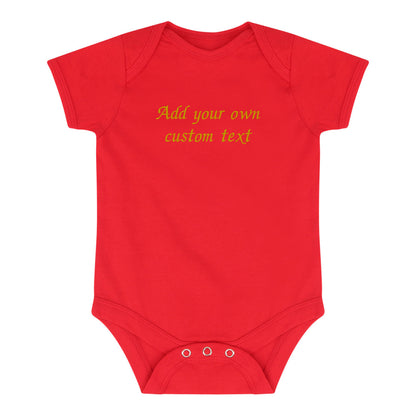 red baby bodysuit with gold embroidered custom text