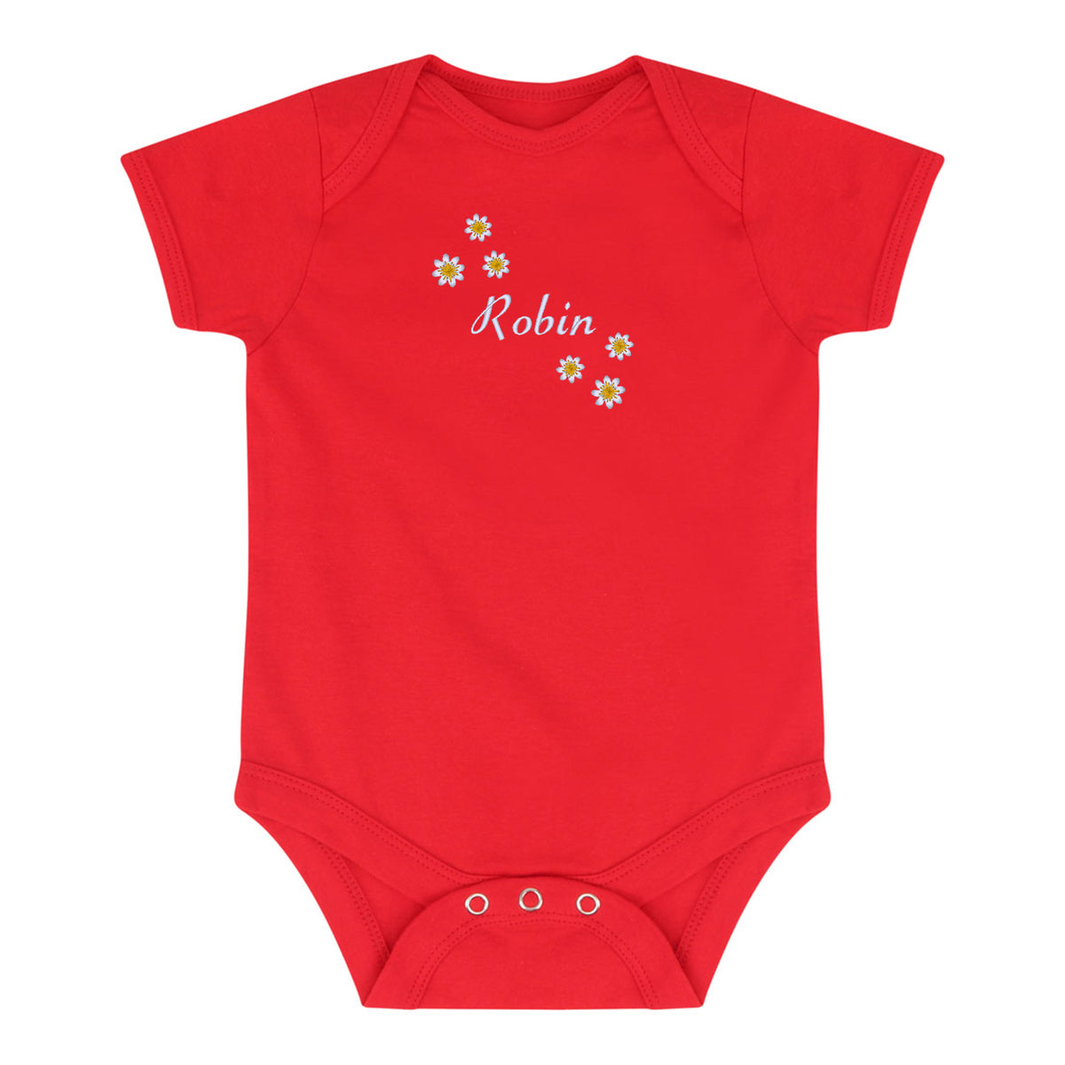 A bright red short-sleeve baby bodysuit with three snap closures at the crotch. The chest features a personalized design with the name 'Robin' in white script surrounded by small yellow and white daisy flowers.