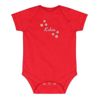 A bright red short-sleeve baby bodysuit with three snap closures at the crotch. The chest features a personalized design with the name 'Robin' in white script surrounded by small yellow and white daisy flowers.