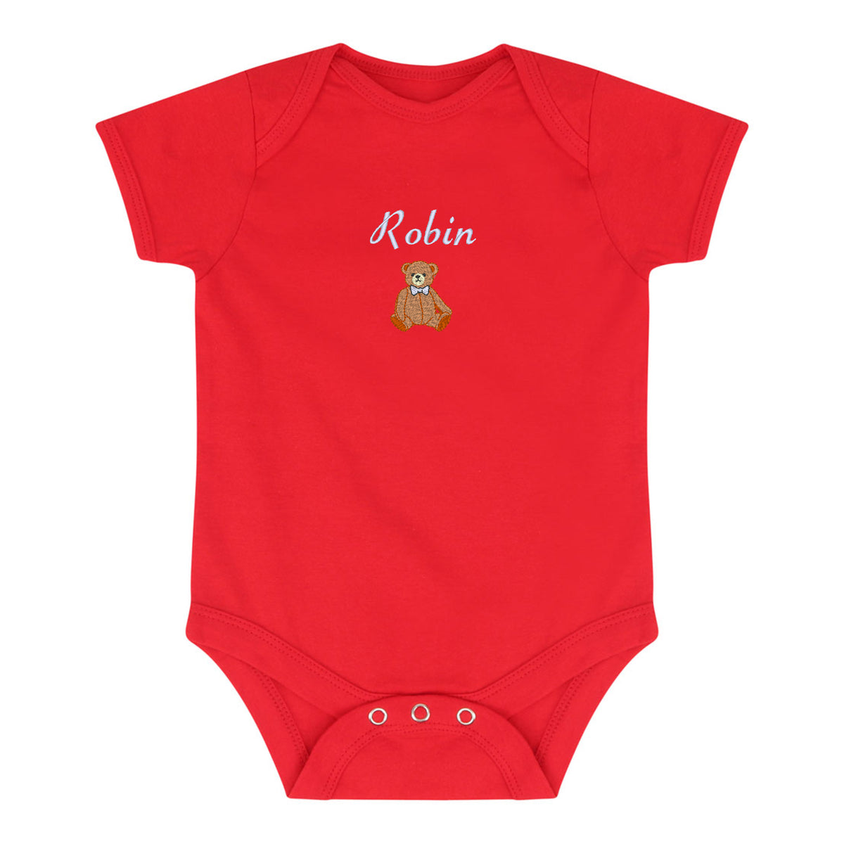A bright red short-sleeve baby bodysuit with 'Robin' and a small teddy bear graphic embroidered on the chest, displayed flat against a white background.