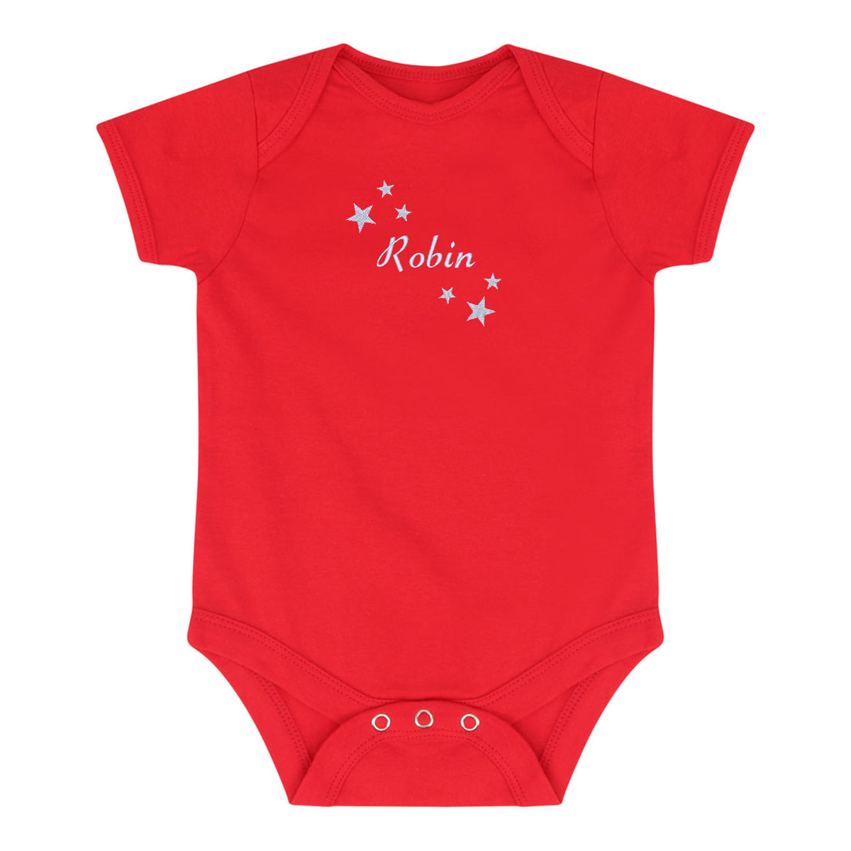 A bright red short-sleeve baby bodysuit with three snap closures at the crotch and a personalized white script print reading 'Robin' surrounded by small stars on the chest, shown on a plain white background.