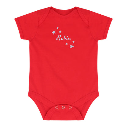 A bright red short-sleeve baby bodysuit with three snap closures at the crotch and a personalized white script print reading 'Robin' surrounded by small stars on the chest, shown on a plain white background.