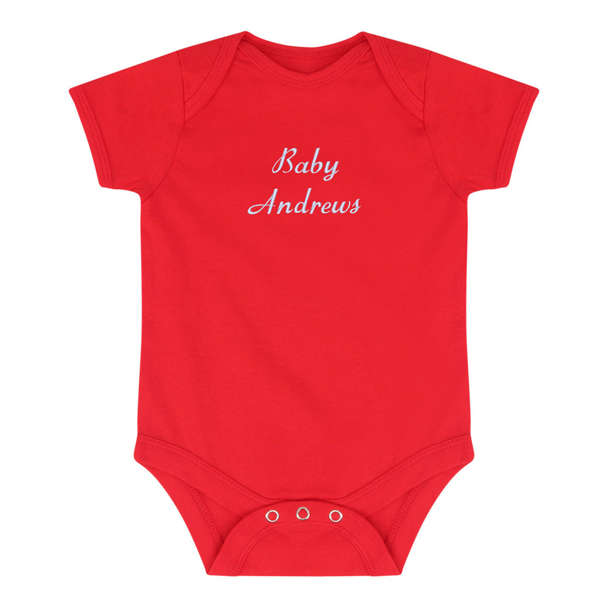 A red short-sleeve baby bodysuit with 'Baby Andrews' embroidered in white script across the chest, displayed on a clean white background.