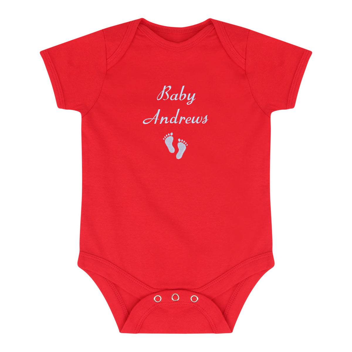 A red short-sleeve baby bodysuit with 'Baby Andrews' and baby footprints embroidered in white on the chest, displayed on a solid white background.