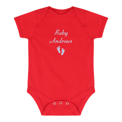 A red short-sleeve baby bodysuit with 'Baby Andrews' and baby footprints embroidered in white on the chest, displayed on a solid white background.