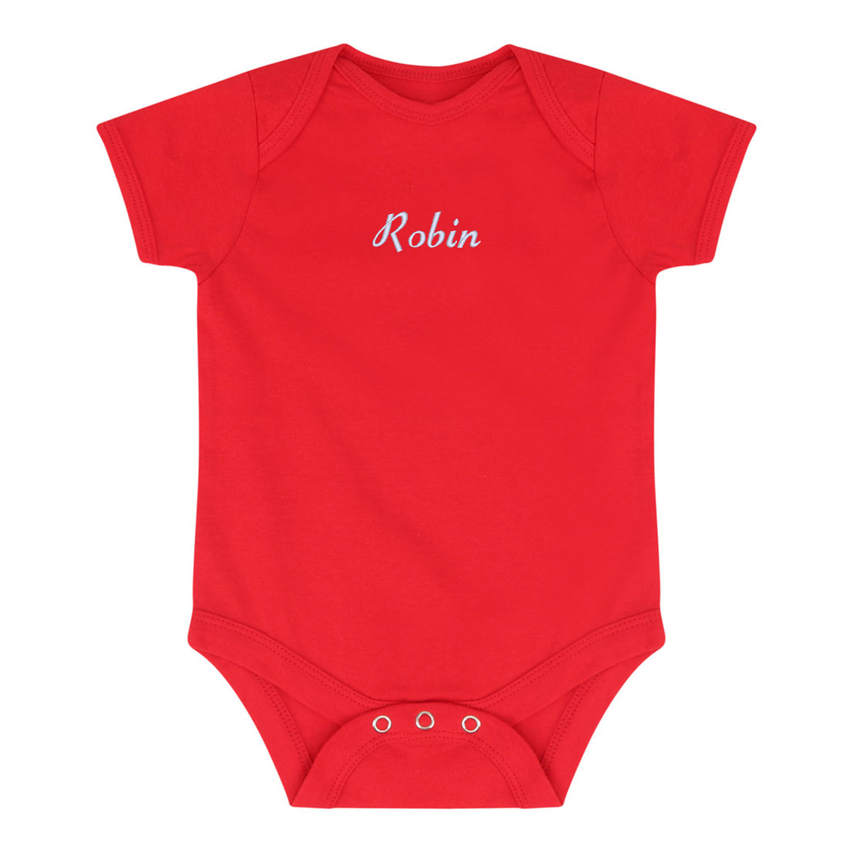 A red short-sleeve baby bodysuit with the name 'Robin' embroidered in white script across the chest, displayed on a solid white background.