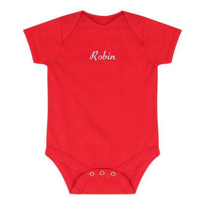 A red short-sleeve baby bodysuit with the name 'Robin' embroidered in white script across the chest, displayed on a solid white background.