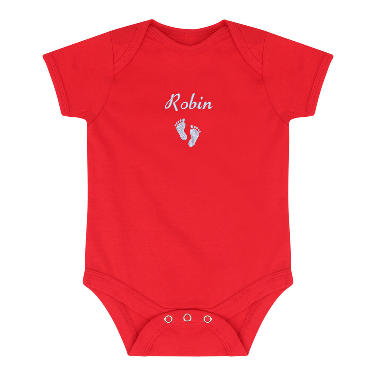 A bright red short-sleeve baby bodysuit with 'Robin' and baby feet embroidered in white on the chest, displayed flat against a white background.