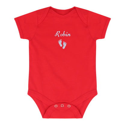 A bright red short-sleeve baby bodysuit with 'Robin' and baby feet embroidered in white on the chest, displayed flat against a white background.
