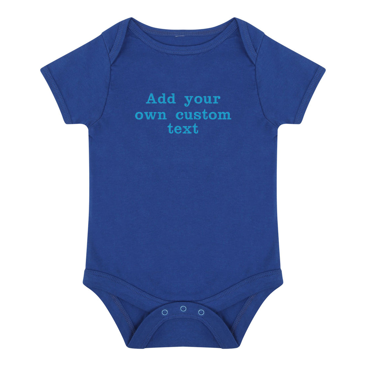 royal blue baby bodysuit with blue custom embroidered text